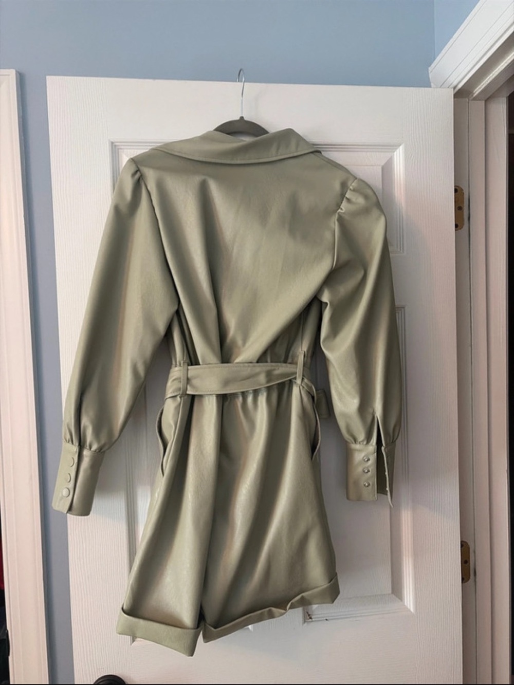 7 For All Mankind Light Sage Faux Leather Blazer Romper - Picture 5 of 5